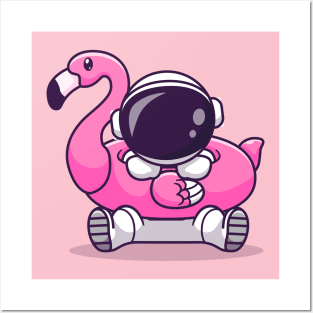 Cute Astronaut Wearing Flamingo Swimming Tires Cartoon Posters and Art